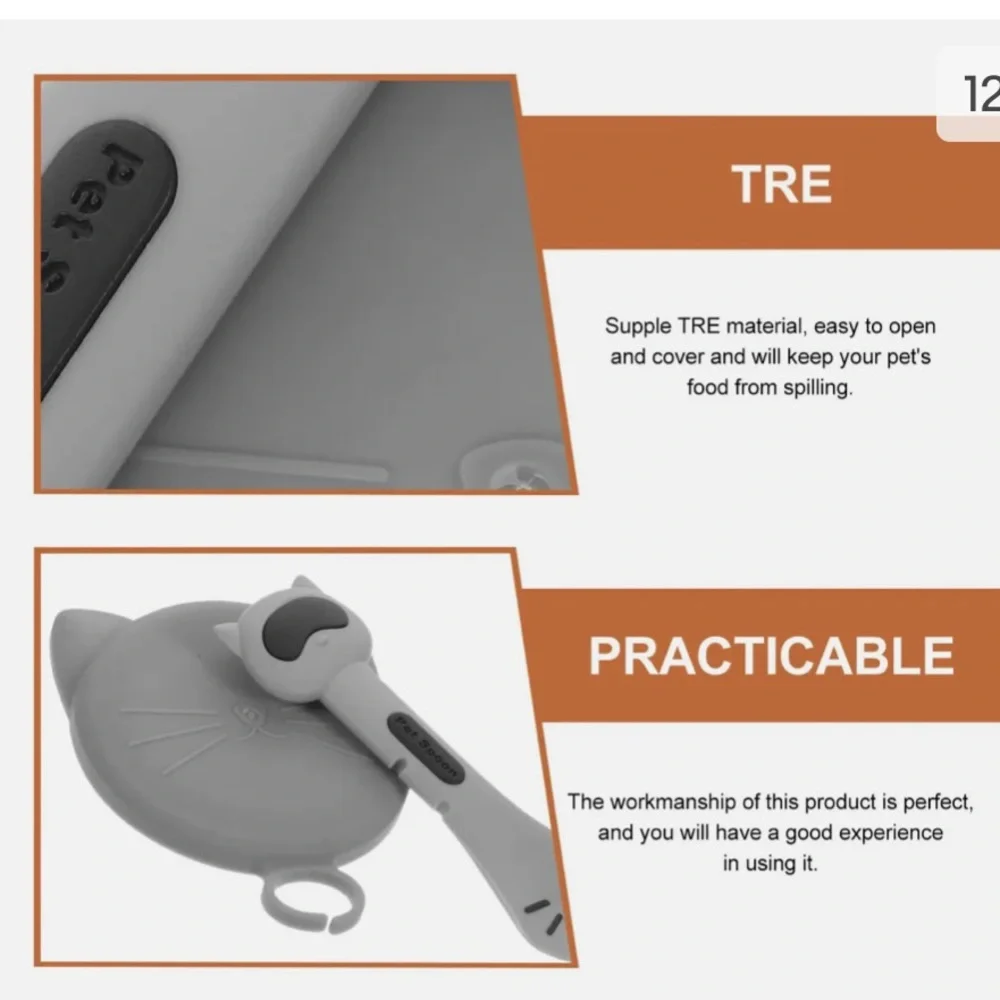 NIB 2pc Gray Cat Silicone can lid & Scraper spoon tool for pet food